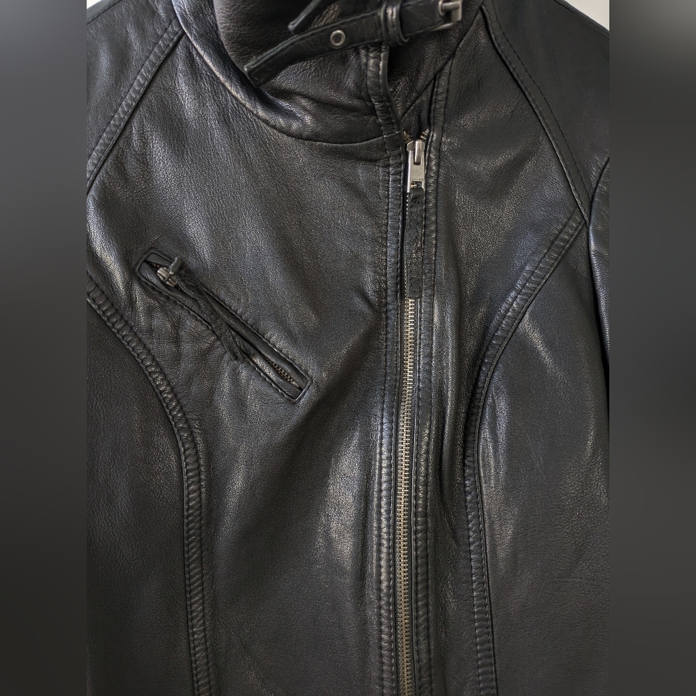 All Saints Black Leather Jacket with Buckle Collar - Picture 2 of 12